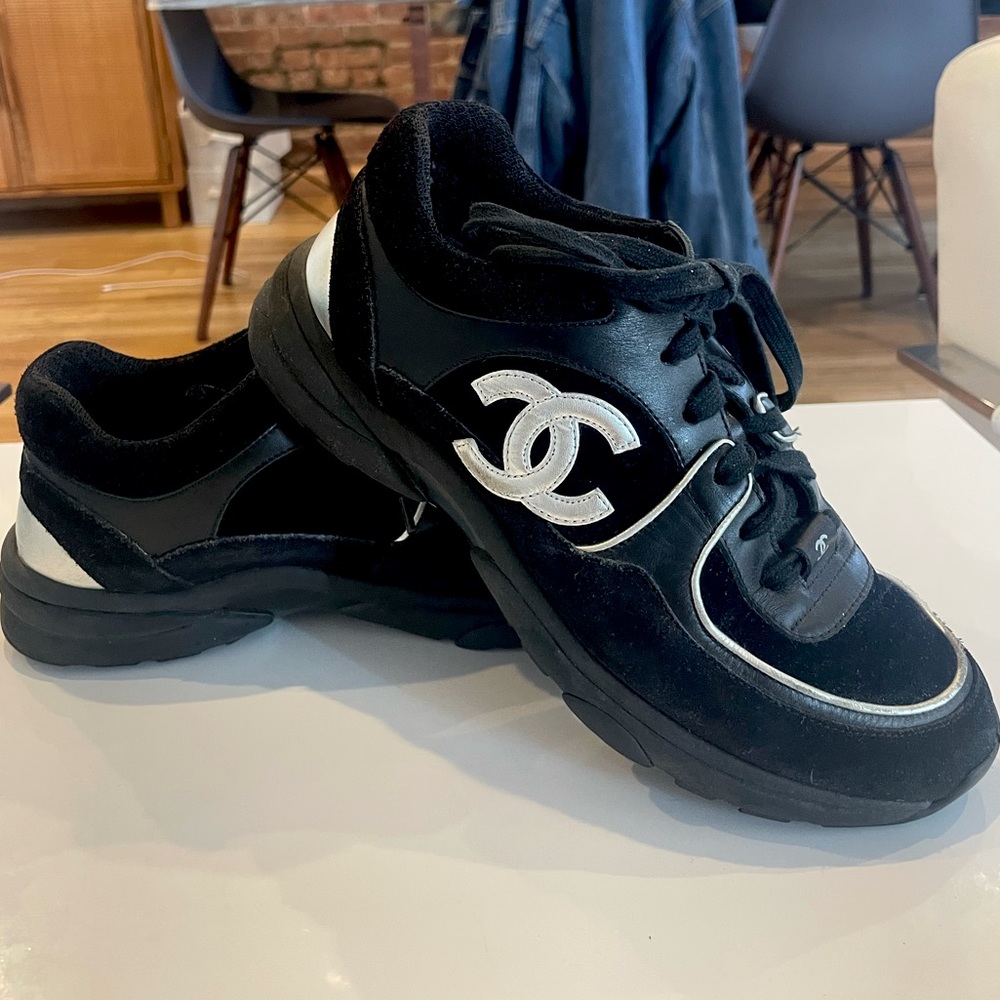 CHANEL Blue & Black Velvet Leather Sneakers US Size 7